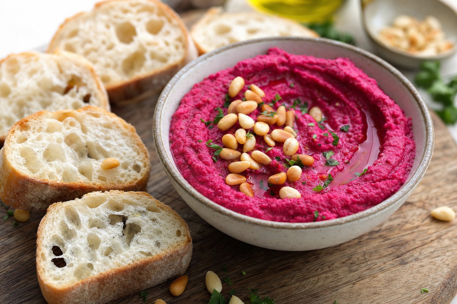 Rote-Bete-Hummus_mit_gersteten_Pinienkernen_und_Ciabatta